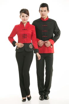 Wearing Chinese clothing waiter in front of a white background