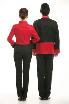 Wearing Chinese clothing waiter in front of a white background