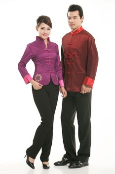 Wearing Chinese clothing waiter in front of a white background