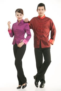 Wearing Chinese clothing waiter in front of a white background