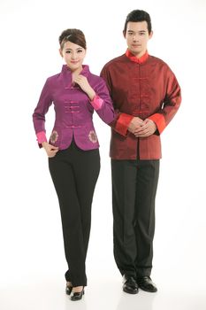 Wearing Chinese clothing waiter in front of a white background