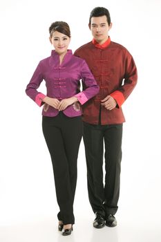 Wearing Chinese clothing waiter in front of a white background