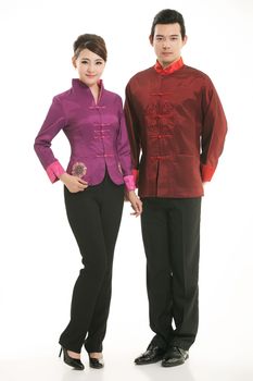 Wearing Chinese clothing waiter in front of a white background