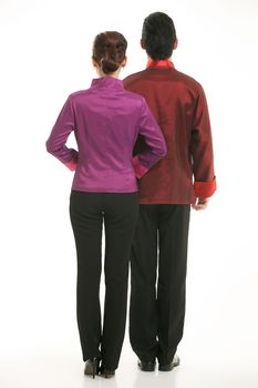 Wearing Chinese clothing waiter in front of a white background