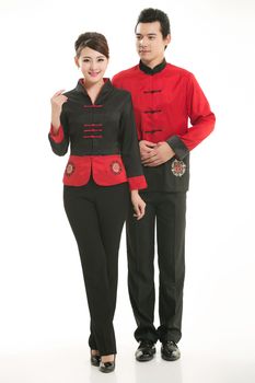 Wearing Chinese clothing waiter in front of a white background