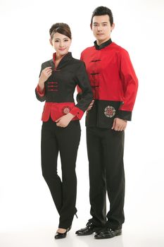 Wearing Chinese clothing waiter in front of a white background