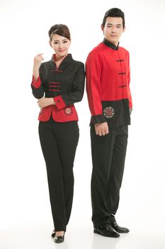 Wearing Chinese clothing waiter in front of a white background