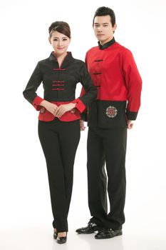 Wearing Chinese clothing waiter in front of a white background