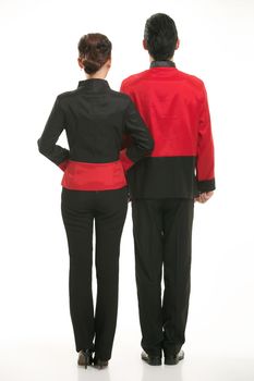 Wearing Chinese clothing waiter in front of a white background