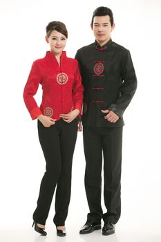 Wearing Chinese clothing waiter in front of a white background