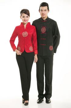 Wearing Chinese clothing waiter in front of a white background