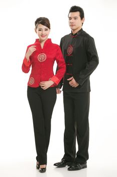 Wearing Chinese clothing waiter in front of a white background