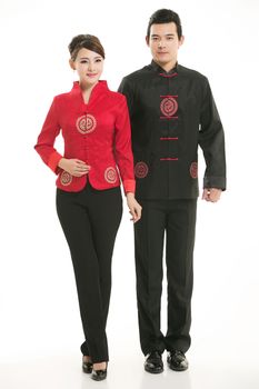 Wearing Chinese clothing waiter in front of a white background