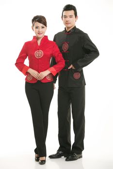 Wearing Chinese clothing waiter in front of a white background