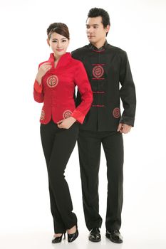 Wearing Chinese clothing waiter in front of a white background