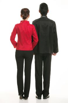 Wearing Chinese clothing waiter in front of a white background