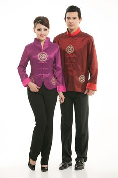 Wearing Chinese clothing waiter in front of a white background