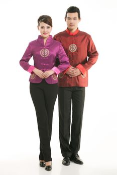 Wearing Chinese clothing waiter in front of a white background