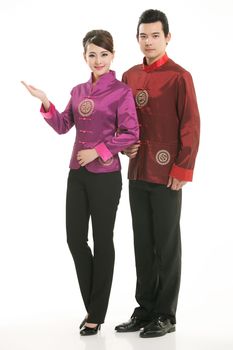 Wearing Chinese clothing waiter in front of a white background