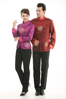 Wearing Chinese clothing waiter in front of a white background