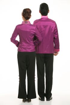 Wearing Chinese clothing waiter in front of a white background