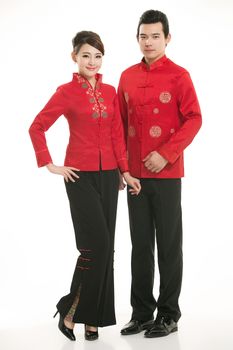 Wearing Chinese clothing waiter in front of a white background