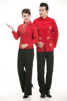 Wearing Chinese clothing waiter in front of a white background