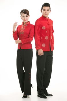 Wearing Chinese clothing waiter in front of a white background