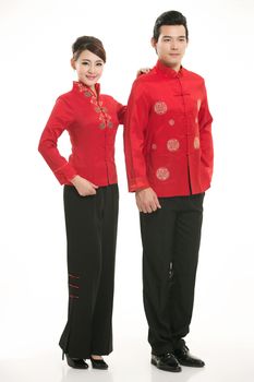 Wearing Chinese clothing waiter in front of a white background