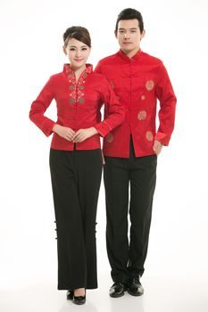 Wearing Chinese clothing waiter in front of a white background