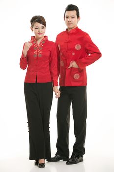 Wearing Chinese clothing waiter in front of a white background