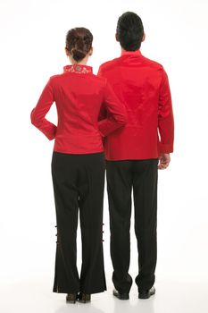 Wearing Chinese clothing waiter in front of a white background