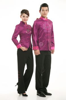 Wearing Chinese clothing waiter in front of a white background