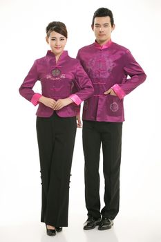 Wearing Chinese clothing waiter in front of a white background