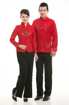 Wearing Chinese clothing waiter in front of a white background