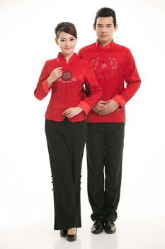 Wearing Chinese clothing waiter in front of a white background