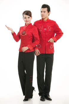 Wearing Chinese clothing waiter in front of a white background