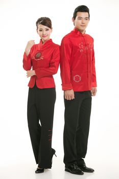 Wearing Chinese clothing waiter in front of a white background