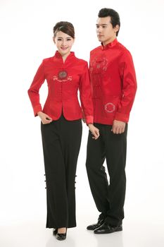 Wearing Chinese clothing waiter in front of a white background