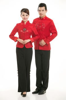 Wearing Chinese clothing waiter in front of a white background