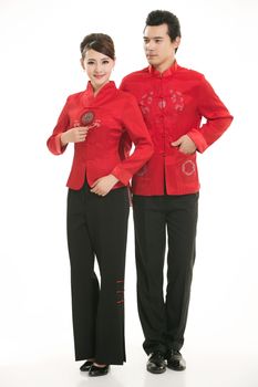 Wearing Chinese clothing waiter in front of a white background