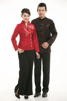 Wearing Chinese clothing waiter in front of a white background