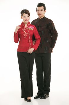 Wearing Chinese clothing waiter in front of a white background