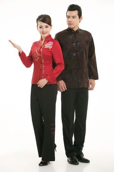 Wearing Chinese clothing waiter in front of a white background