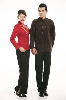 Wearing Chinese clothing waiter in front of a white background