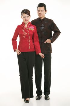 Wearing Chinese clothing waiter in front of a white background