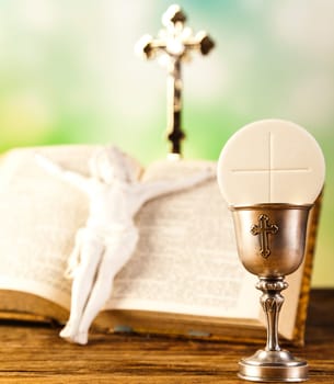 First communion, bright background, saturated concept