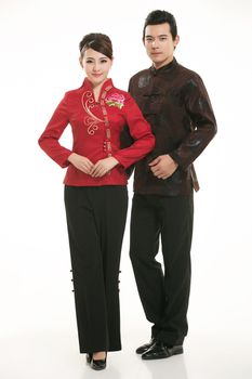 Wearing Chinese clothing waiter in front of a white background