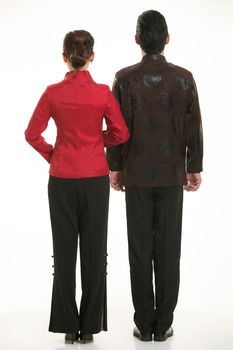 Wearing Chinese clothing waiter in front of a white background