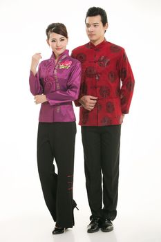 Wearing Chinese clothing waiter in front of a white background